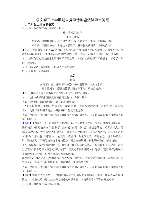 语文初三上学期期末复习诗歌鉴赏试题带答案