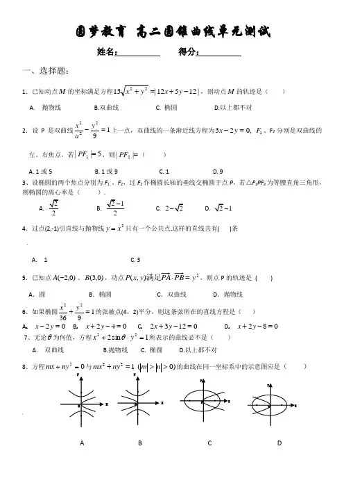 高二数学圆锥曲线测试题以及详细答案