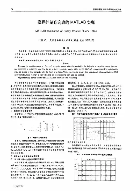 模糊控制查询表的MATLAB实现