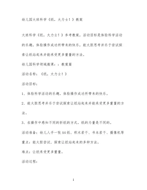 幼儿园大班科学《纸,大力士!》教案