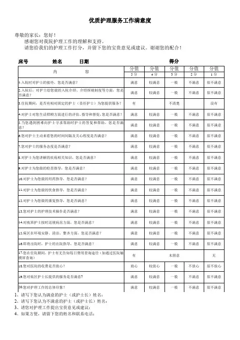 优质护理服务工作满意度