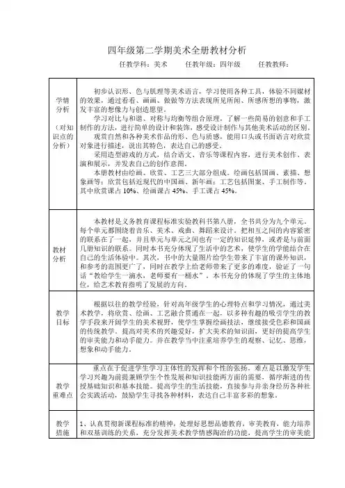 四年级美术第二学期全册教材分析