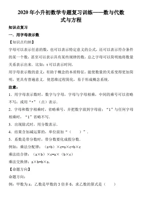 2020年小升初数学专题复习训练—数与代数：式与方程(1)(知识点总结+同步测试)