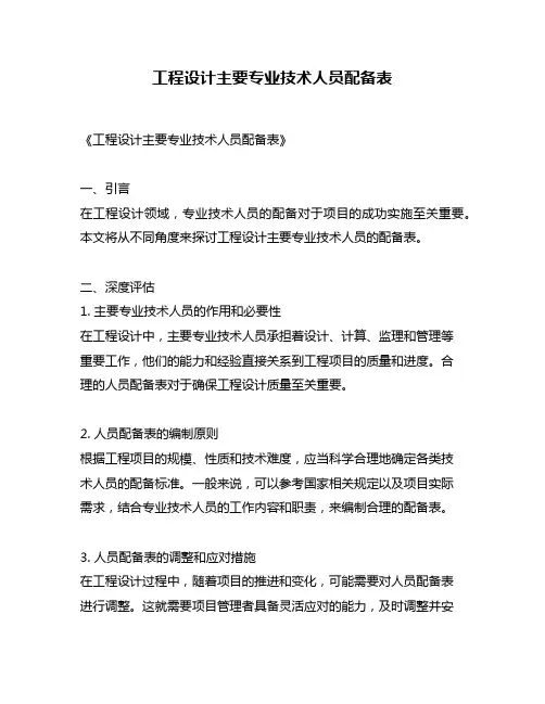 工程设计主要专业技术人员配备表