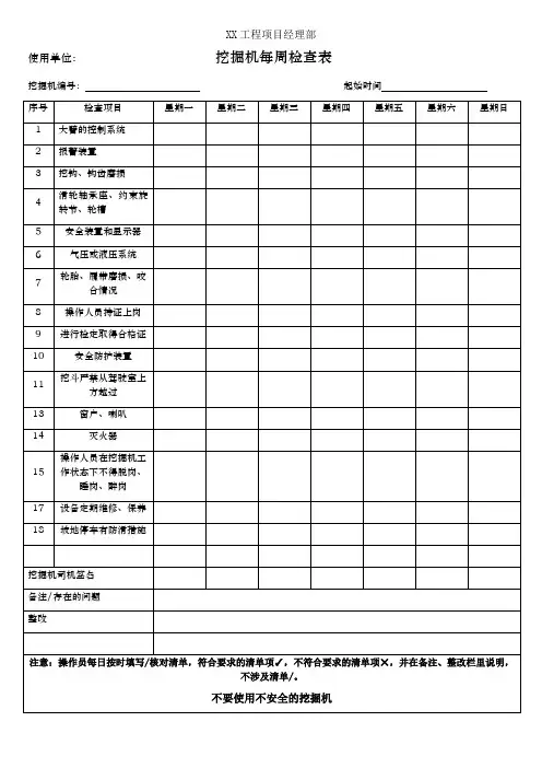 挖掘机每周检查表