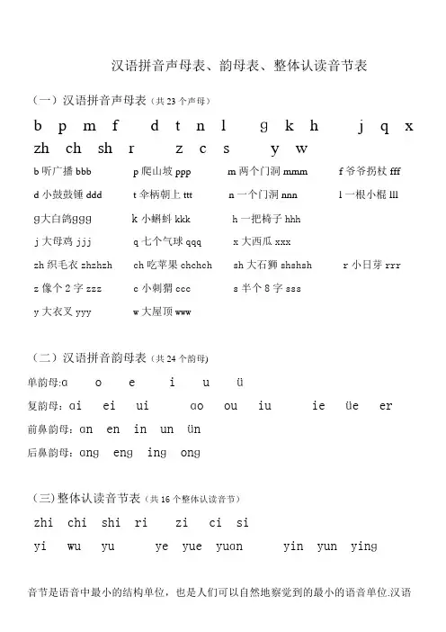 汉语拼音声母表、韵母表、整体认读音节表