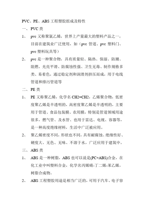 PVC、PE、ABS工程塑胶组成及特性