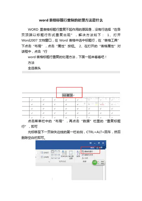 word表格标题行重复的处理方法是什么