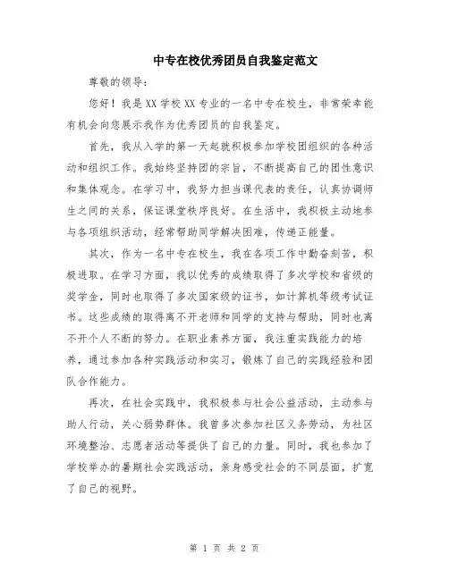 中专在校优秀团员自我鉴定范文