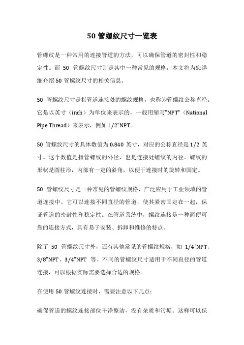 50管螺纹尺寸一览表