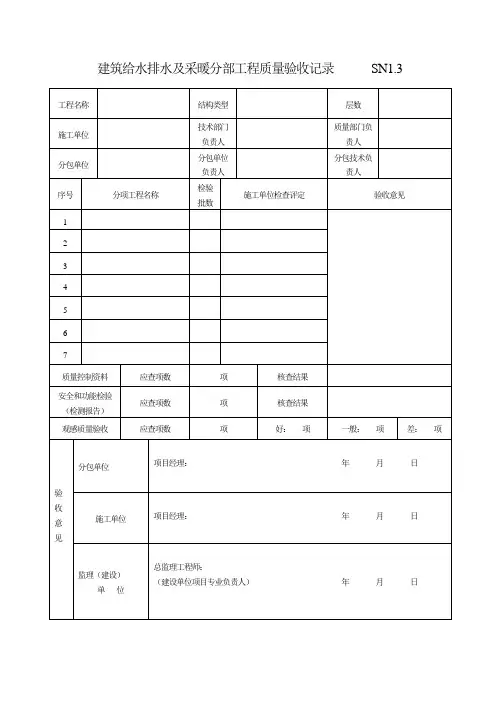建筑给水排水及采暖分部工程质量验收记录