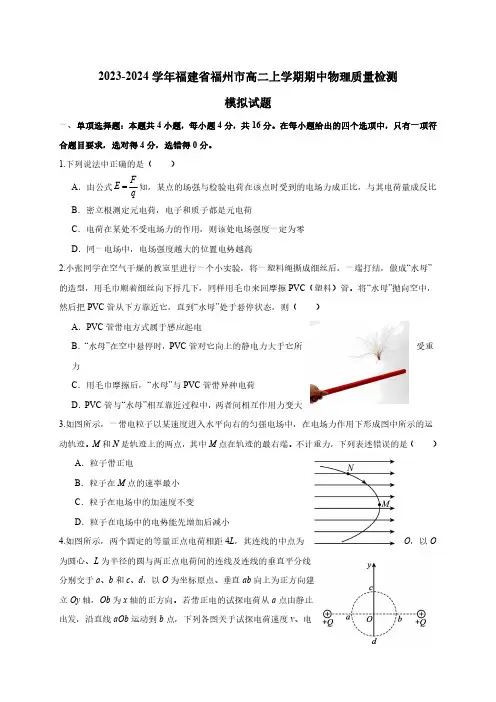 2023-2024学年福建省福州市高二上册期中物理模拟试卷(含答案)