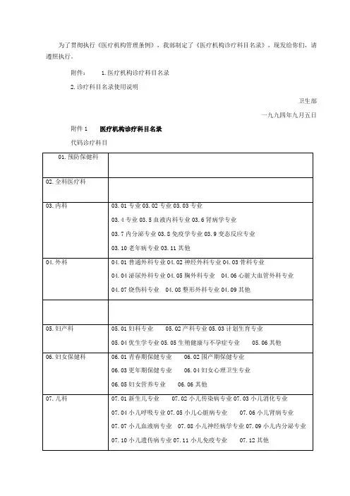 医疗机构诊疗科目名录》卫医发第文