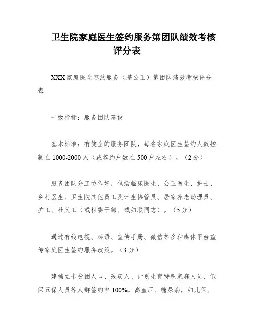 卫生院家庭医生签约服务第团队绩效考核评分表