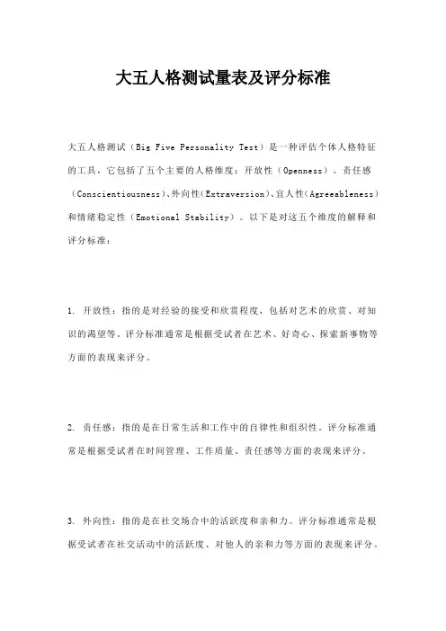 大五人格测试量表及评分标准