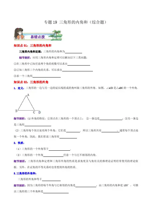 专题19三角形的内角和综合题(原卷版)