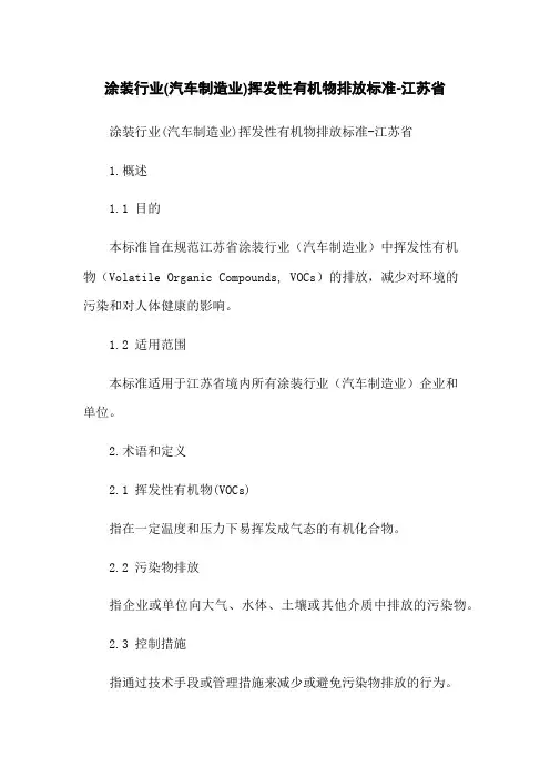 涂装行业(汽车制造业)挥发性有机物排放标准-江苏省