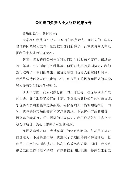 公司部门负责人个人述职述廉报告