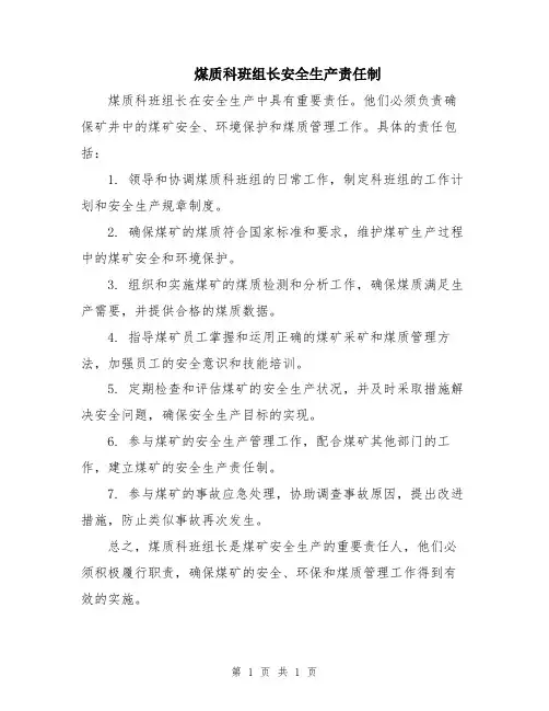 煤质科班组长安全生产责任制