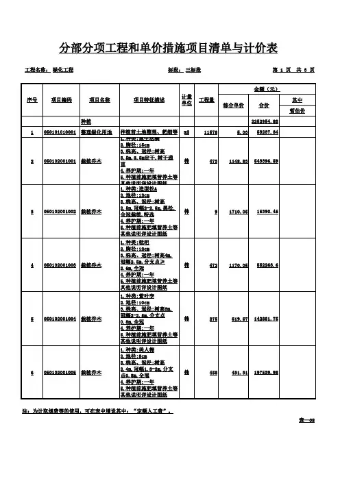 绿化工程预算报价表