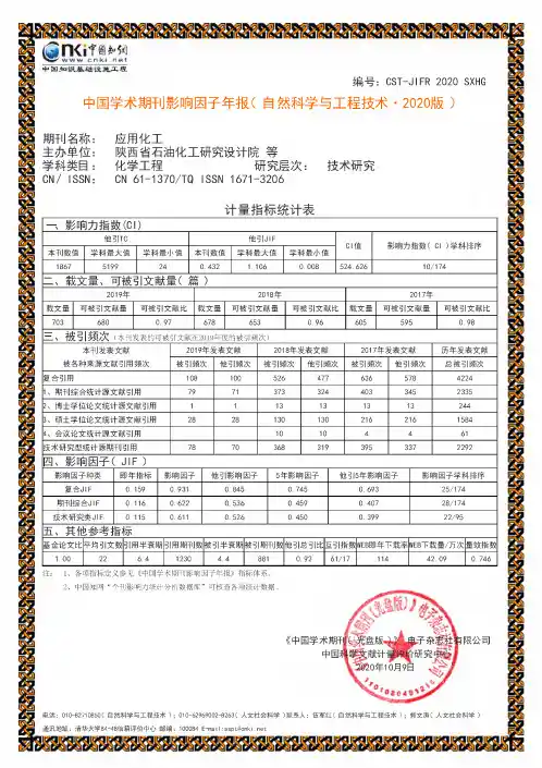 中国学术期刊影响因子年报(自然科学与工程技术·2020版)