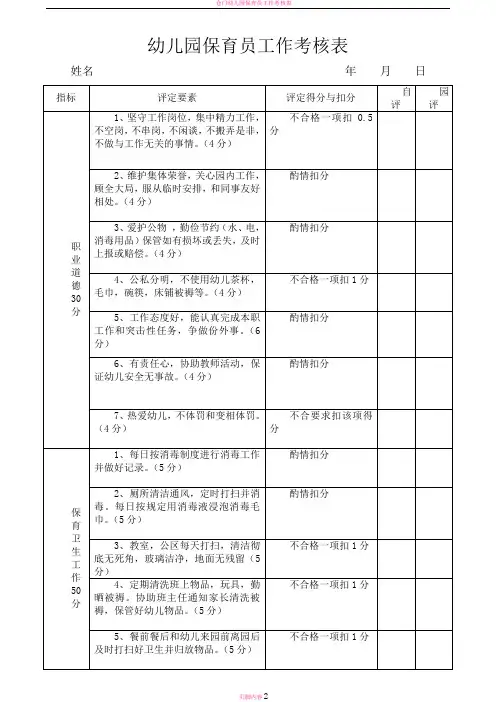 幼儿园保育员工作考核表1