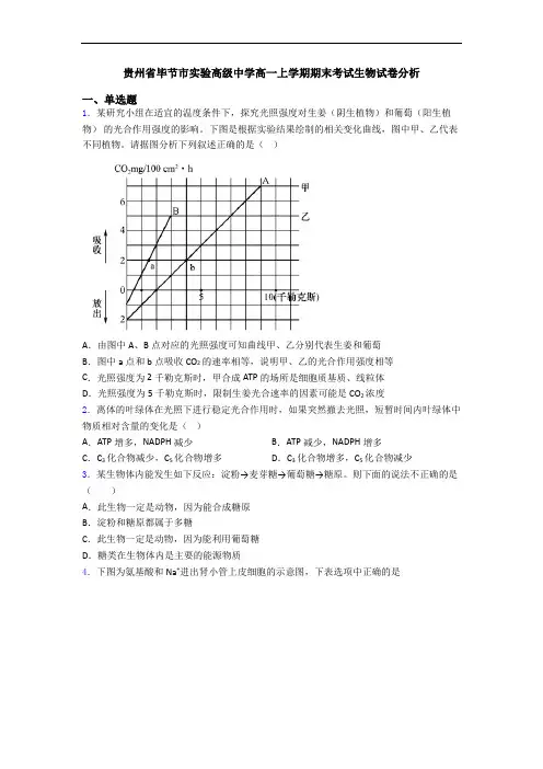 贵州省毕节市实验高级中学高一上学期期末考试生物试卷分析