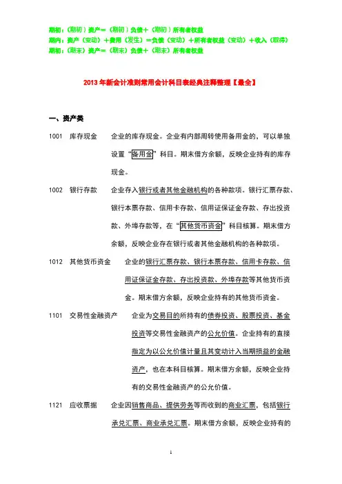 2013年新会计准则常用会计科目表经典注释整理【最全】