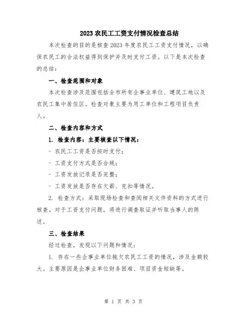 2023农民工工资支付情况检查总结