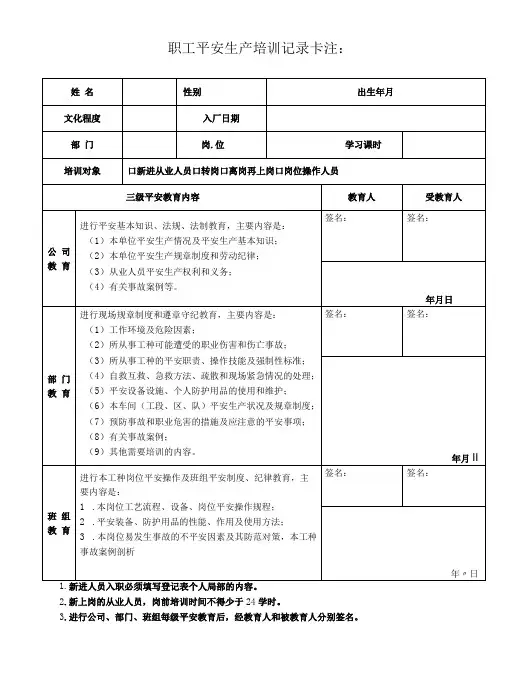 职工安全生产培训记录卡