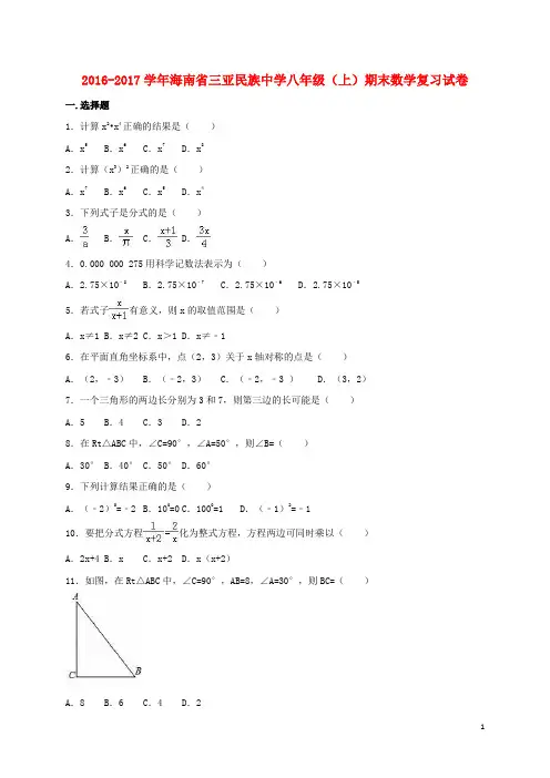 海南省三亚八年级数学上学期期末复习试卷(含解析) 新人教版