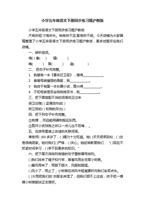 小学五年级语文下册同步练习题沪教版