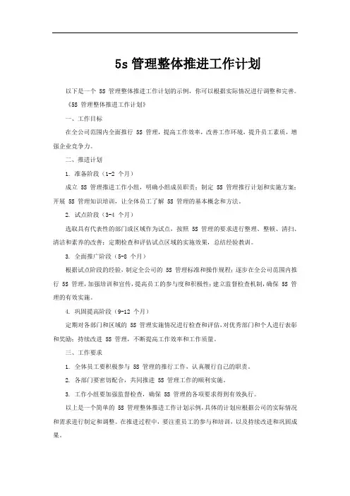 5s管理整体推进工作计划