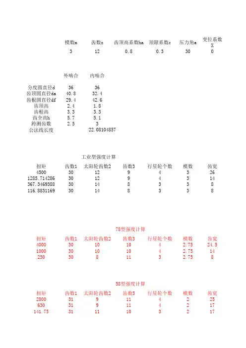 齿轮计算表