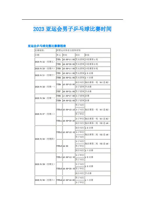 2023亚运会男子乒乓球比赛时间