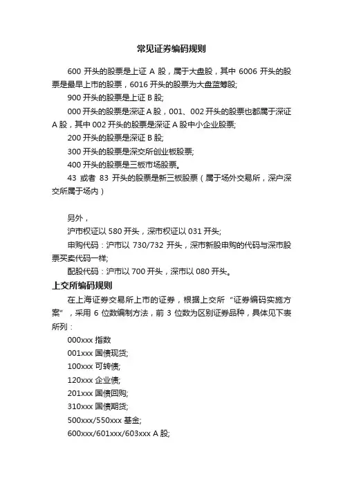 常见证券编码规则