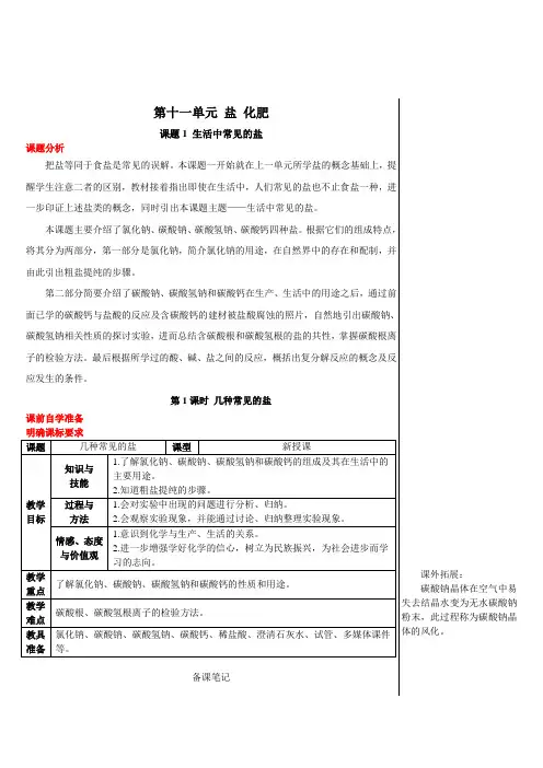 部编人教版九年级化学下册第11单元 盐 化肥 第1课时 几种常见的盐(导学案)