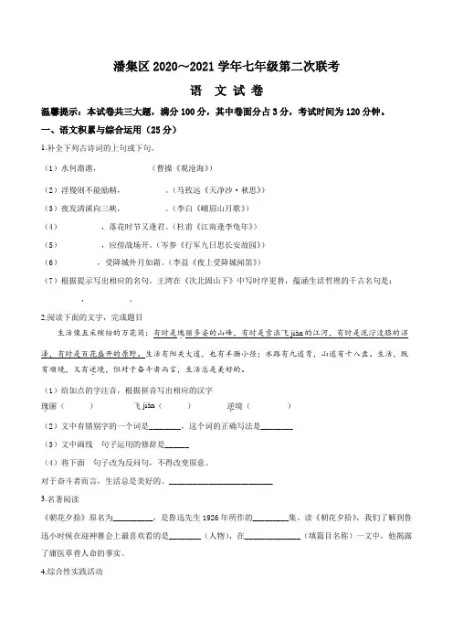 安徽省淮南市潘集区2020-20201学年七年级上学期第二次月考语文试题(含答案与解析)