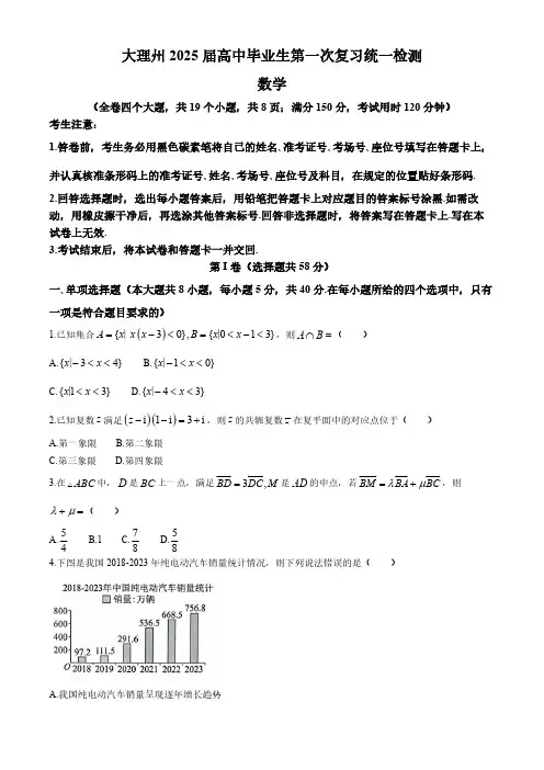 云南省大理白族自治州2025届高三上学期第一次复习统一检测数学试题(含解析)