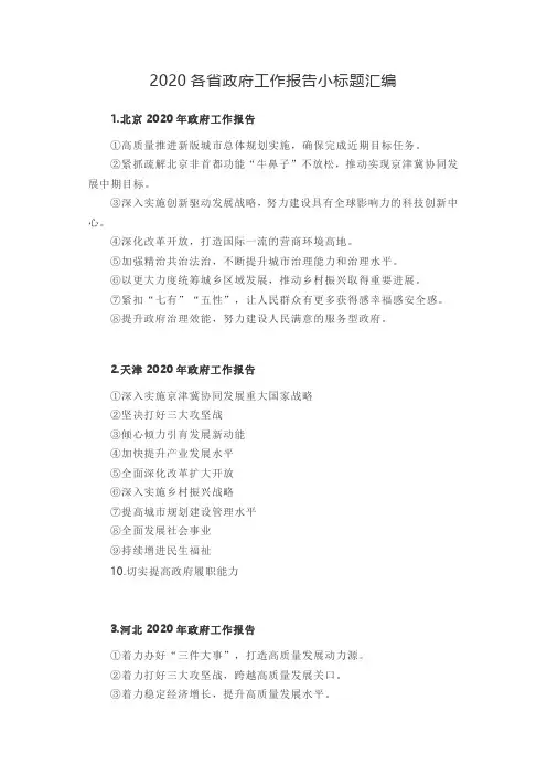 2020各省政府工作报告小标题汇编