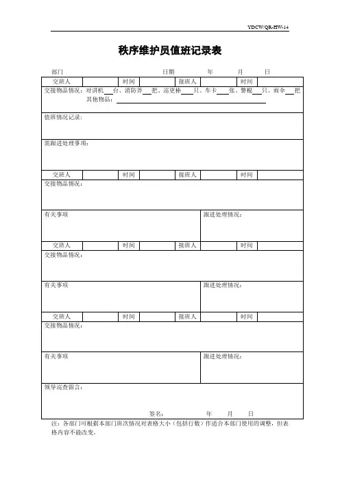 秩序维护员值班记录表