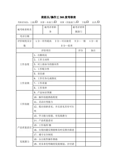 班组长、操作工360度考核表