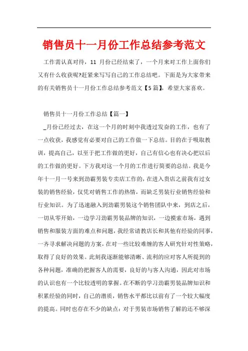 销售员十一月份工作总结参考范文