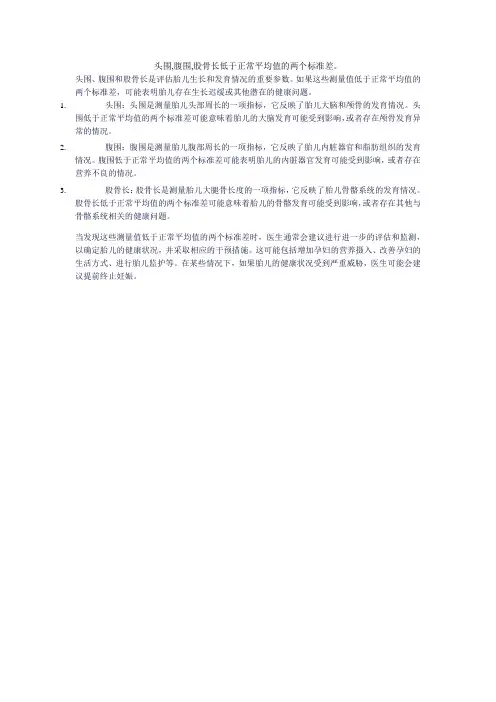 头围,腹围,股骨长低于正常平均值的两个标准差。