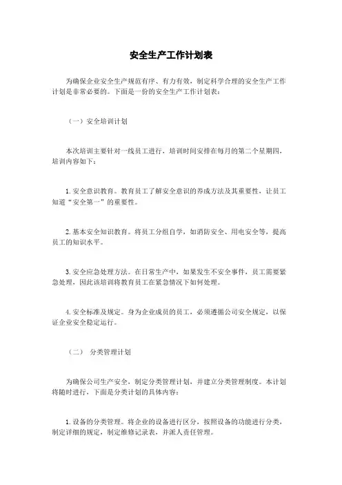 安全生产工作计划表