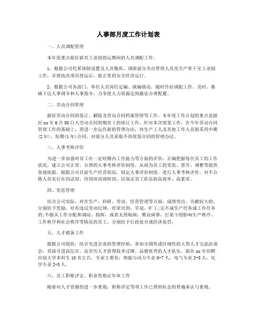 人事部月度工作计划表