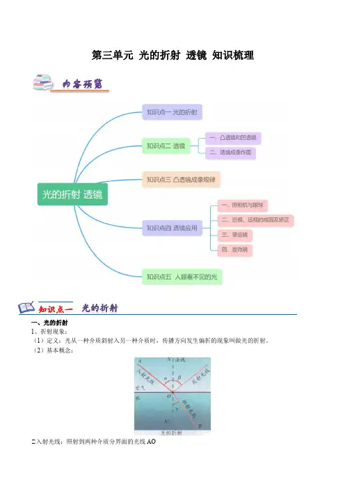 第三单元 光的折射 透镜 知识梳理-2024-2025学年八年级物理上册同步精品课堂(苏科版)