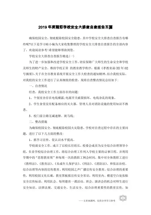 2019年度精彩学校安全大排查自查报告五篇