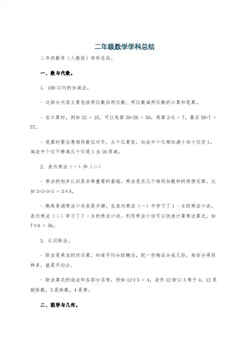 二年级数学学科总结