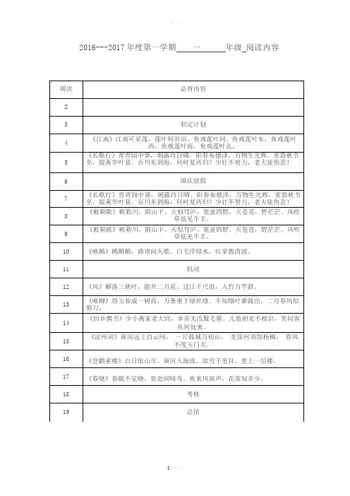 一年级阅读计划表格